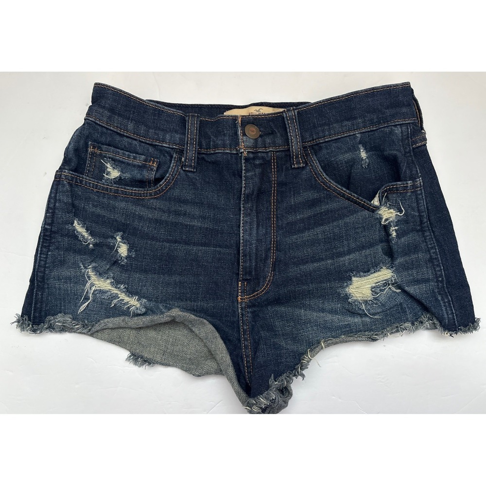 Hollister Jean Vintage Shorts High Rise Dark Wash Distressed Cutoffs Raw Hem 3